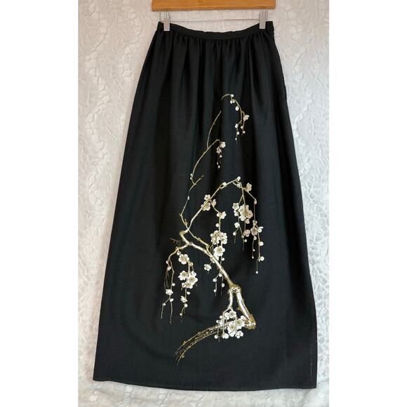 VTG 70s Alfred Shaheen MCM Hand Printed Maxi Skirt Black Cherry Blossom XS / S* - Picture 1 of 13